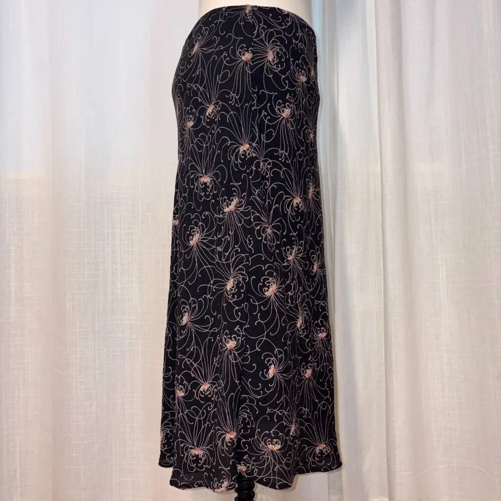 Harari Black Pink Flower 100% Silk Slip Skirt